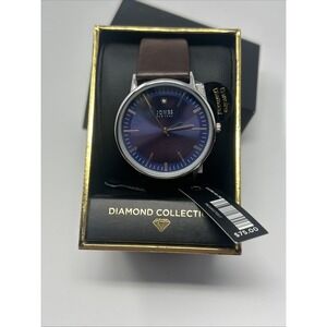 NIB Jones New York Diamond Collection Brown Strap Blue Face Genuine Diamond Mens